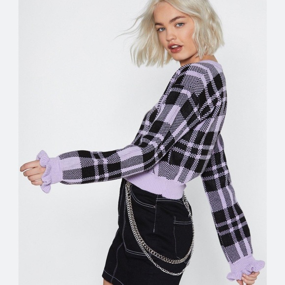 Glamorous Purple Plaid sweater sz Large - Picture 2 of 5